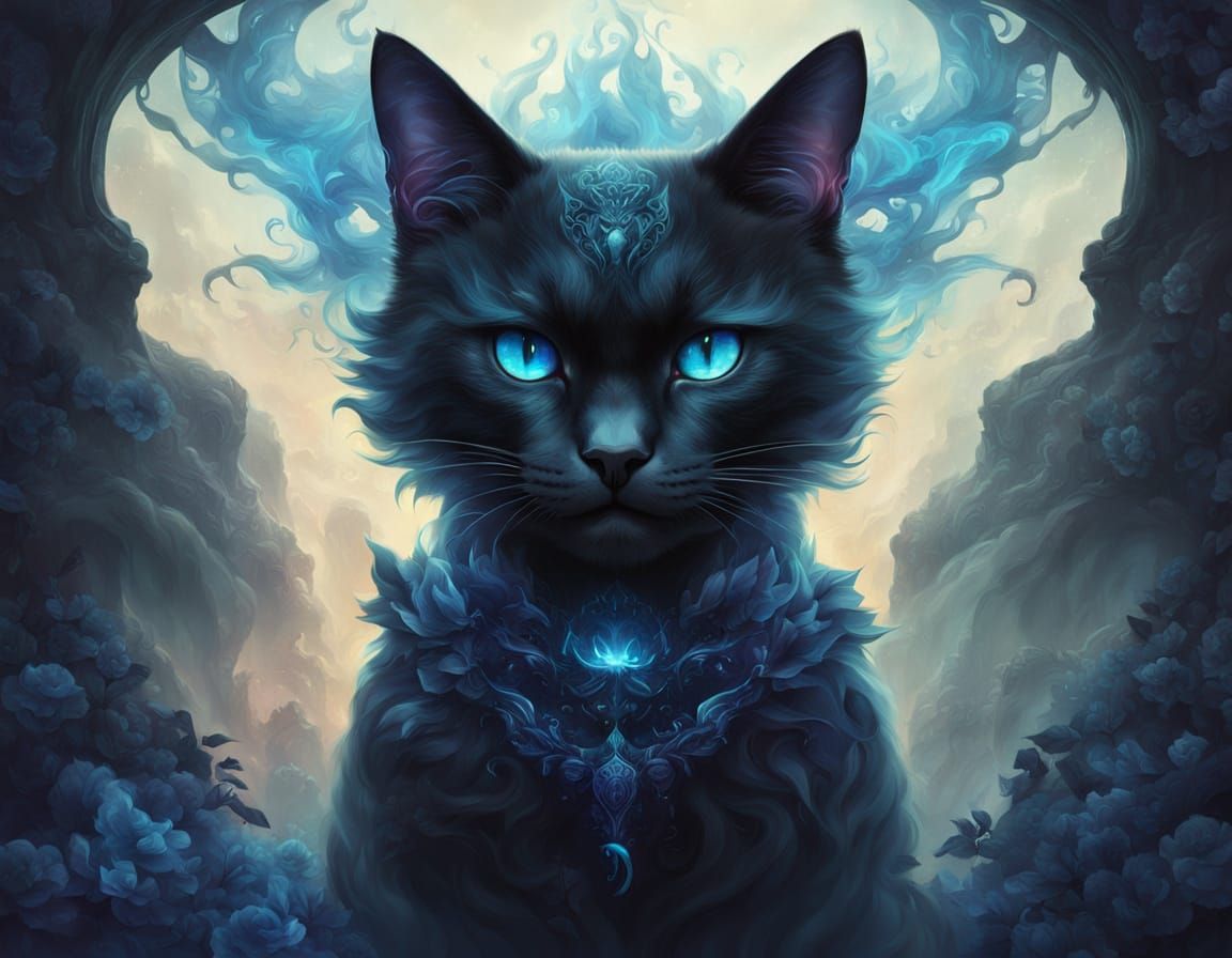 Black Cat God Portrait in Dark Maximalist Style