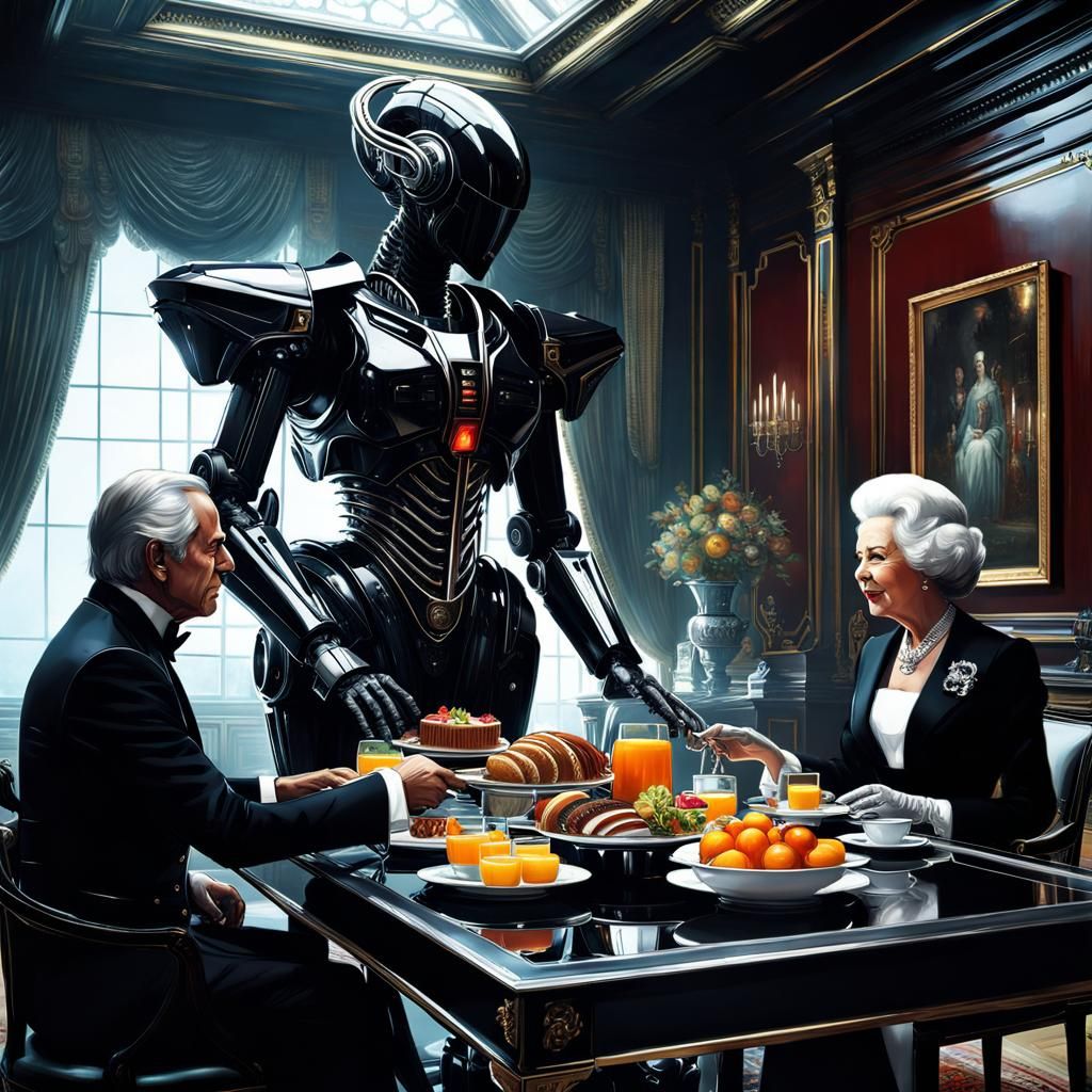 Robotic Butler Serves Queen: Sci-Fi Digital Art