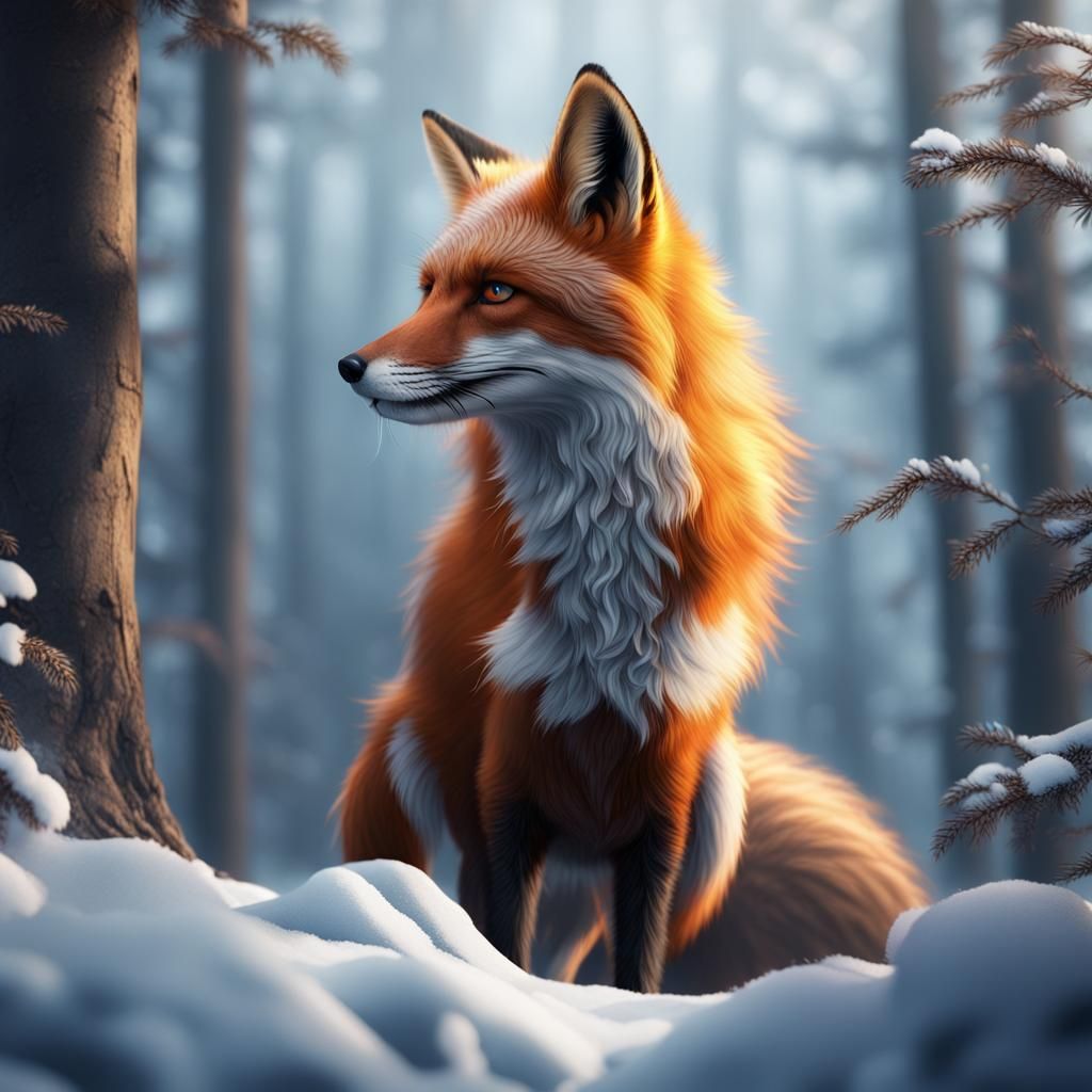 Fox in Snowy Forest: Detailed Matte Painting