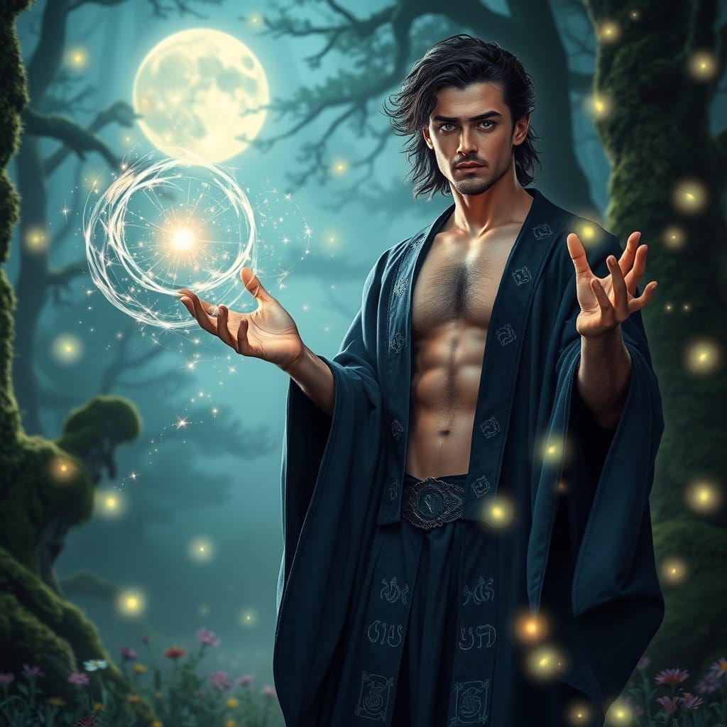 Enchanting Wizard Conjures Magic in Ethereal Forest