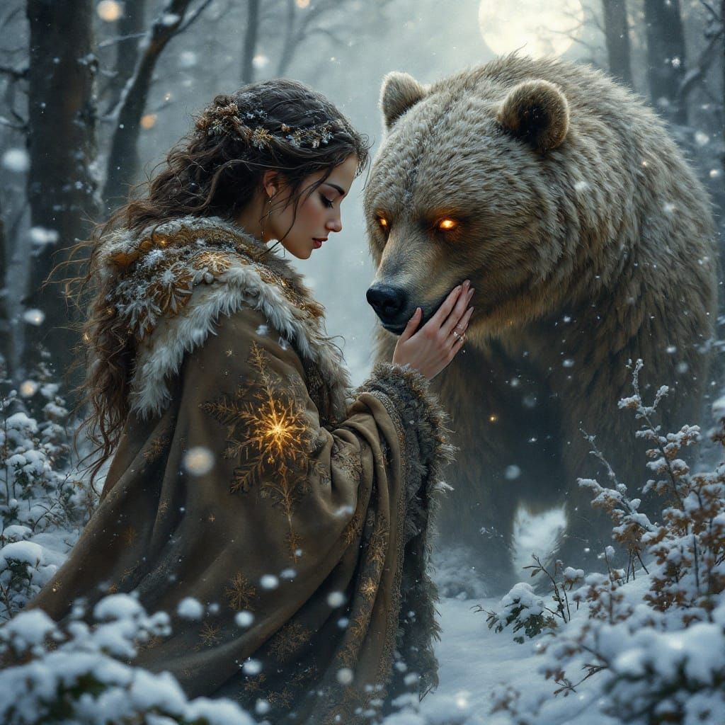 Serene Druidess with Majestic Bear in Winter Wonderland