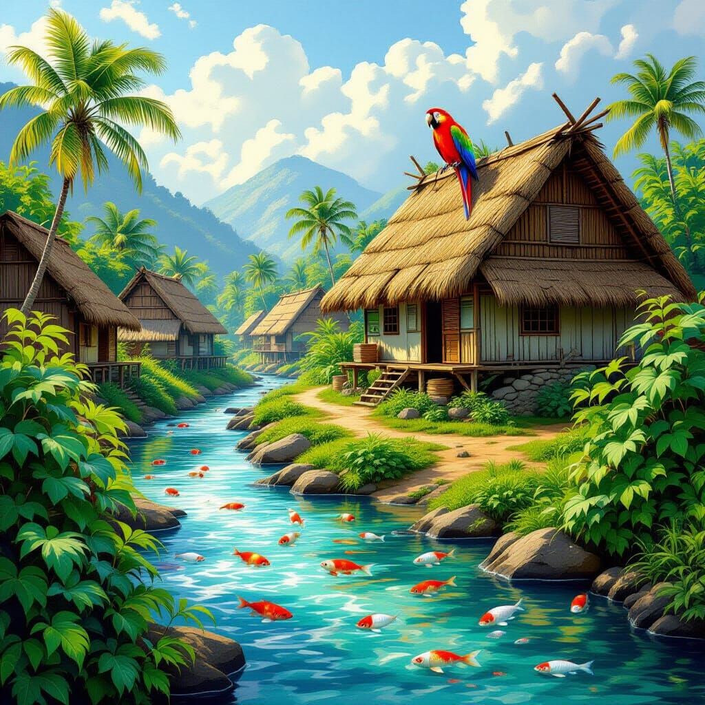 Melanesian Village Scene with Parrot and River Life
