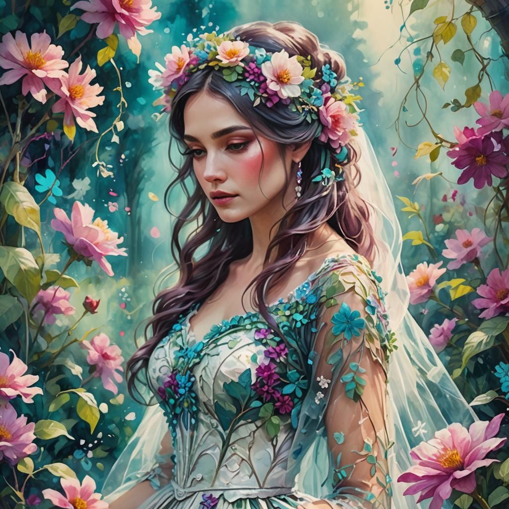 Bride in Flower Wedding Dress: Art Nouveau Style