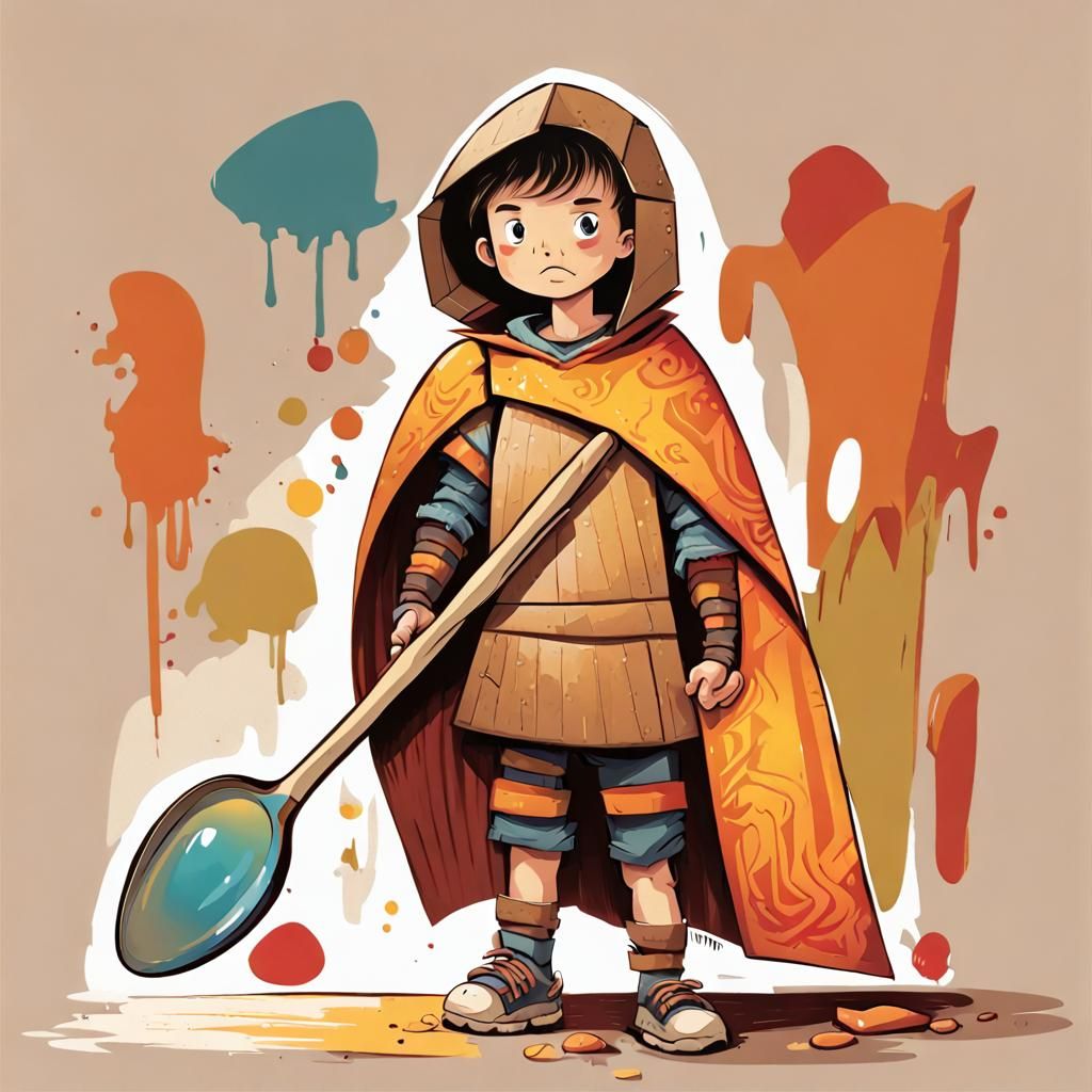 Child Knight in Cardboard Armor with Wooden Sword