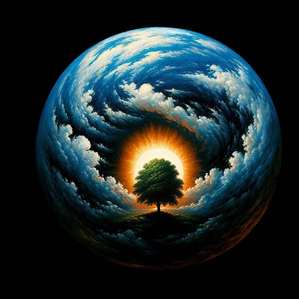 Surreal Globe with Tree and Sun in Oil Painting Style