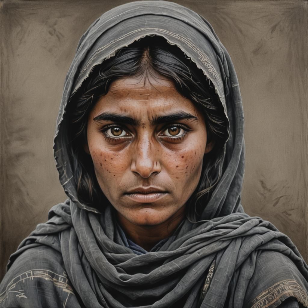 Striking Portrait of Afghan Girl as Charcoal Drawing