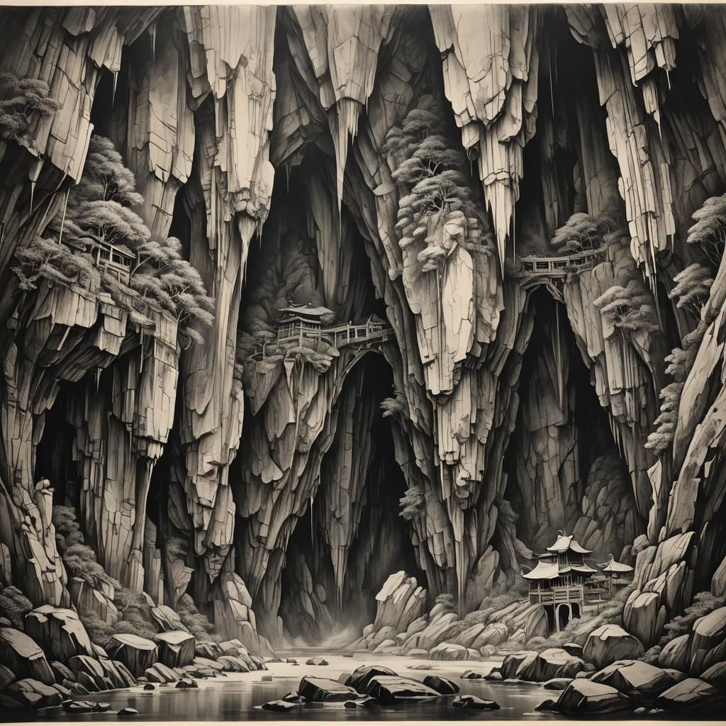 Cliffside Caverns in Chinese Ink Style