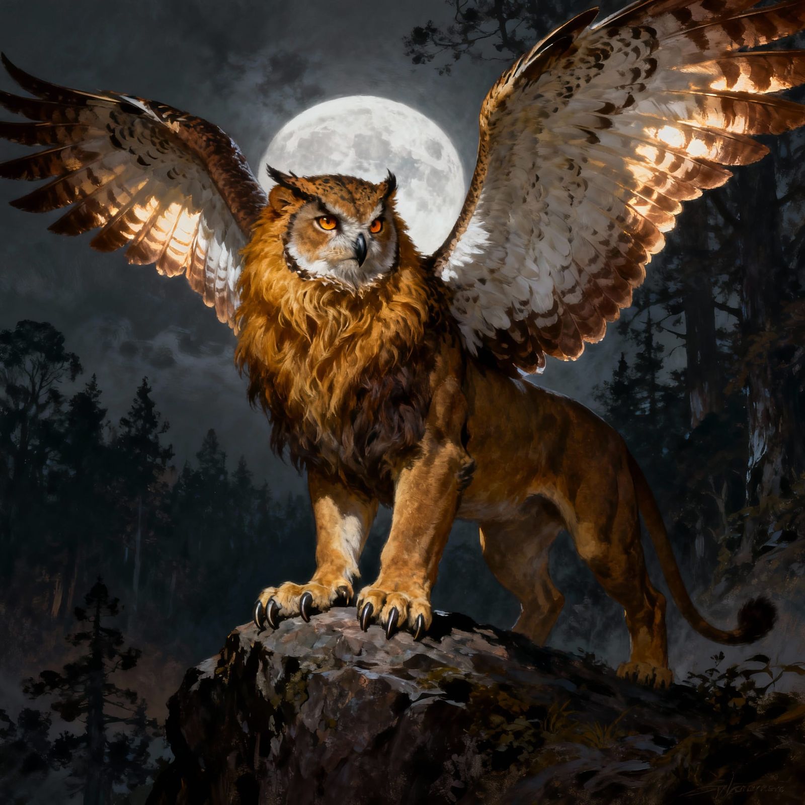 Majestic Owl-Lion Hybrid in Dark Fantasy Art