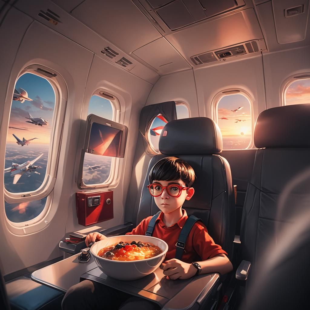 Boy with Red Eyes in Airplane: 3D Rendered