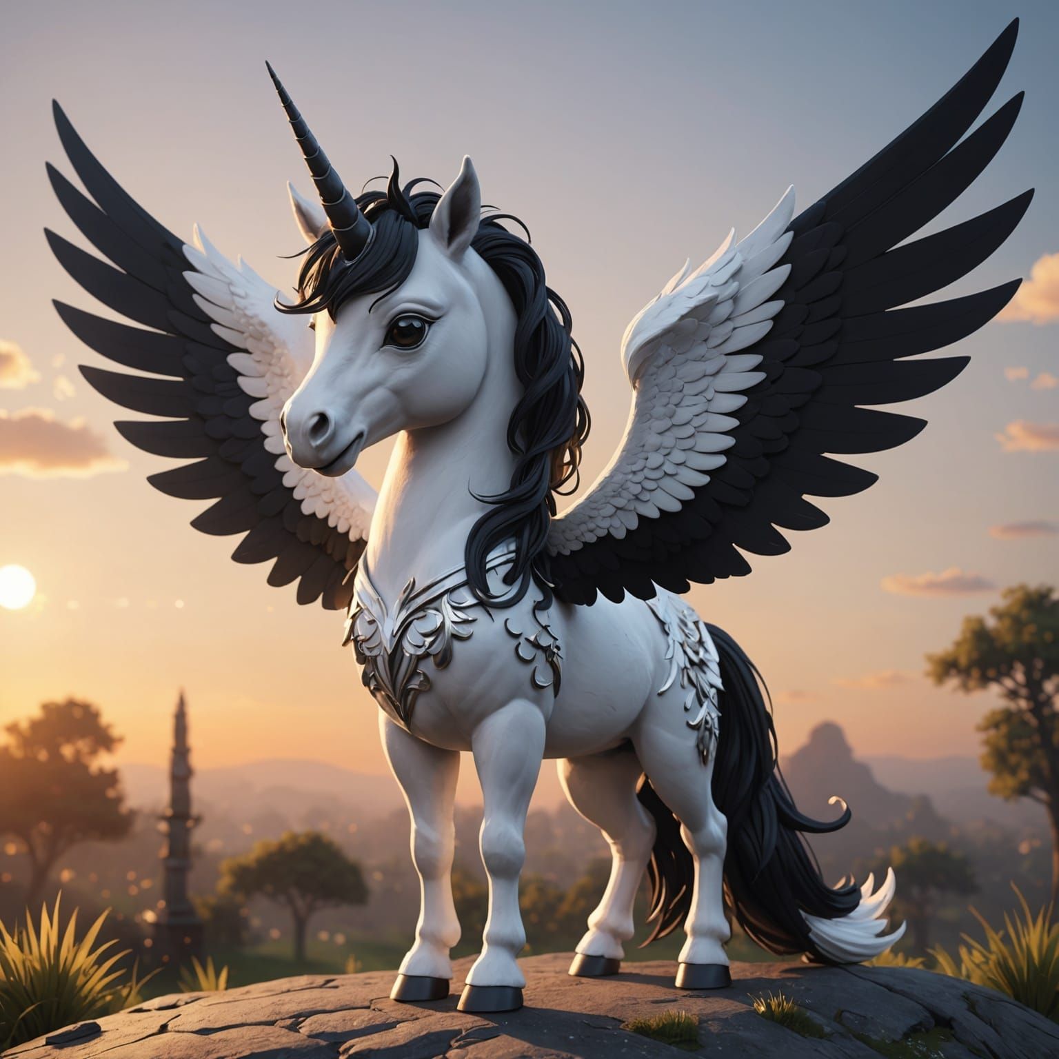 Winged Unicorn Sunset: 3D Anime Art