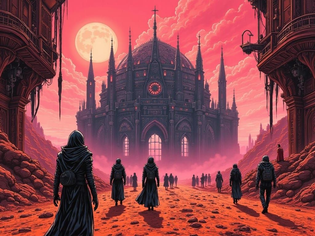 Martian Pilgrims in Cyberpunk Gothic Cathedral