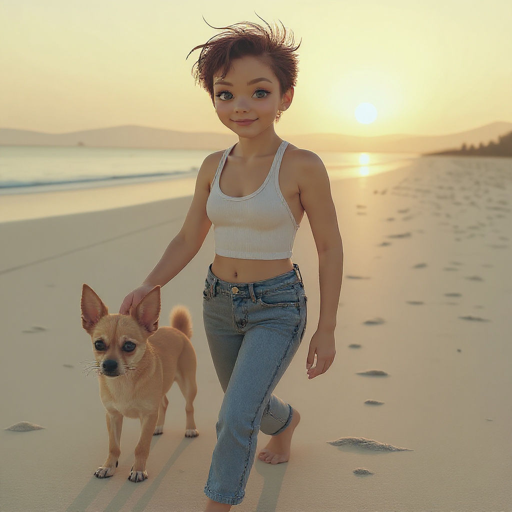 Woman and Chihuahua on Winter Beach at Sunset