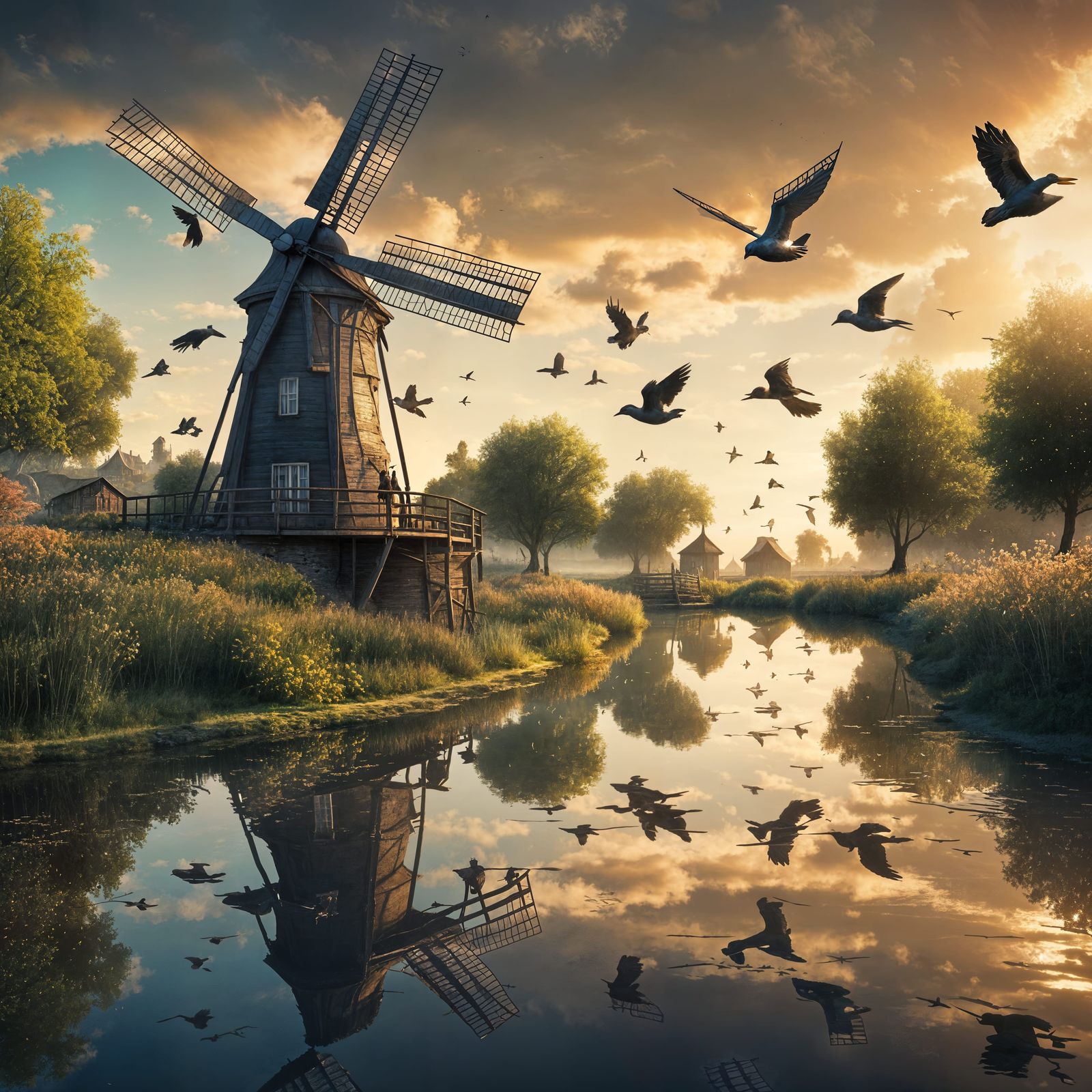 Clapperboard windmill reflected in a serene countryside canal with birds in flight also reflected in the still water