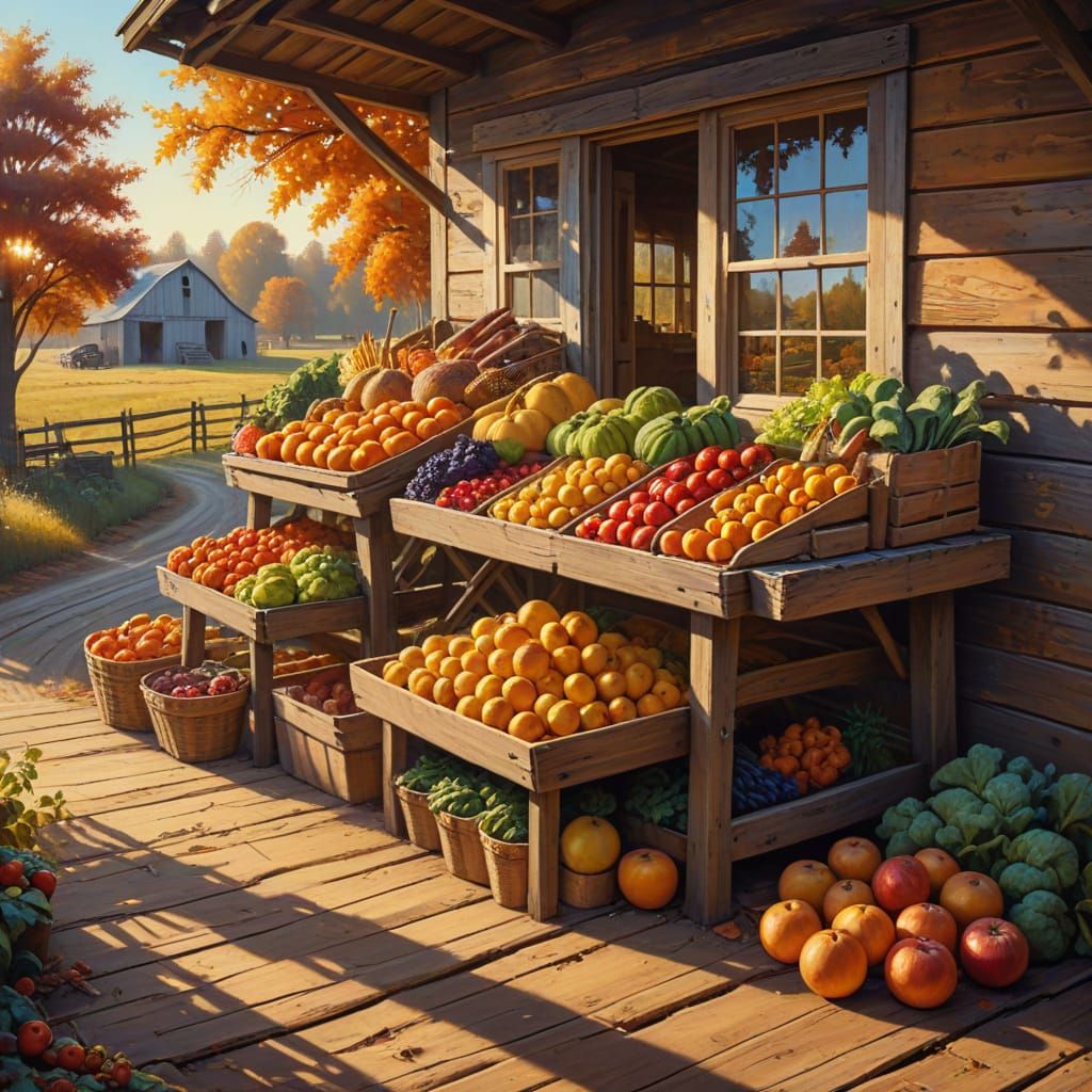 Farm Stand at Sunrise in Folk Art Style