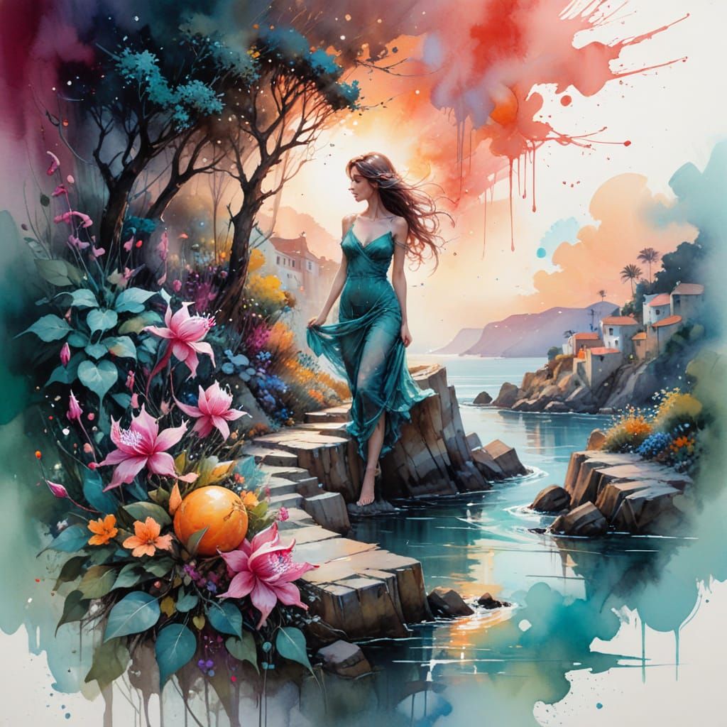 Vibrant Coastal Hamlet in Dreamlike Dawn Sky