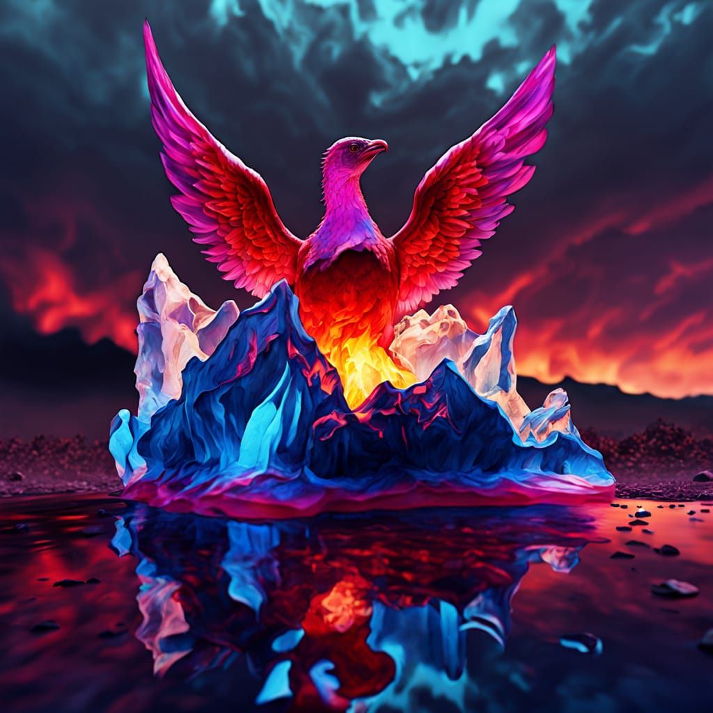 Fiery Phoenix Emerges from Iceberg in Red Desert