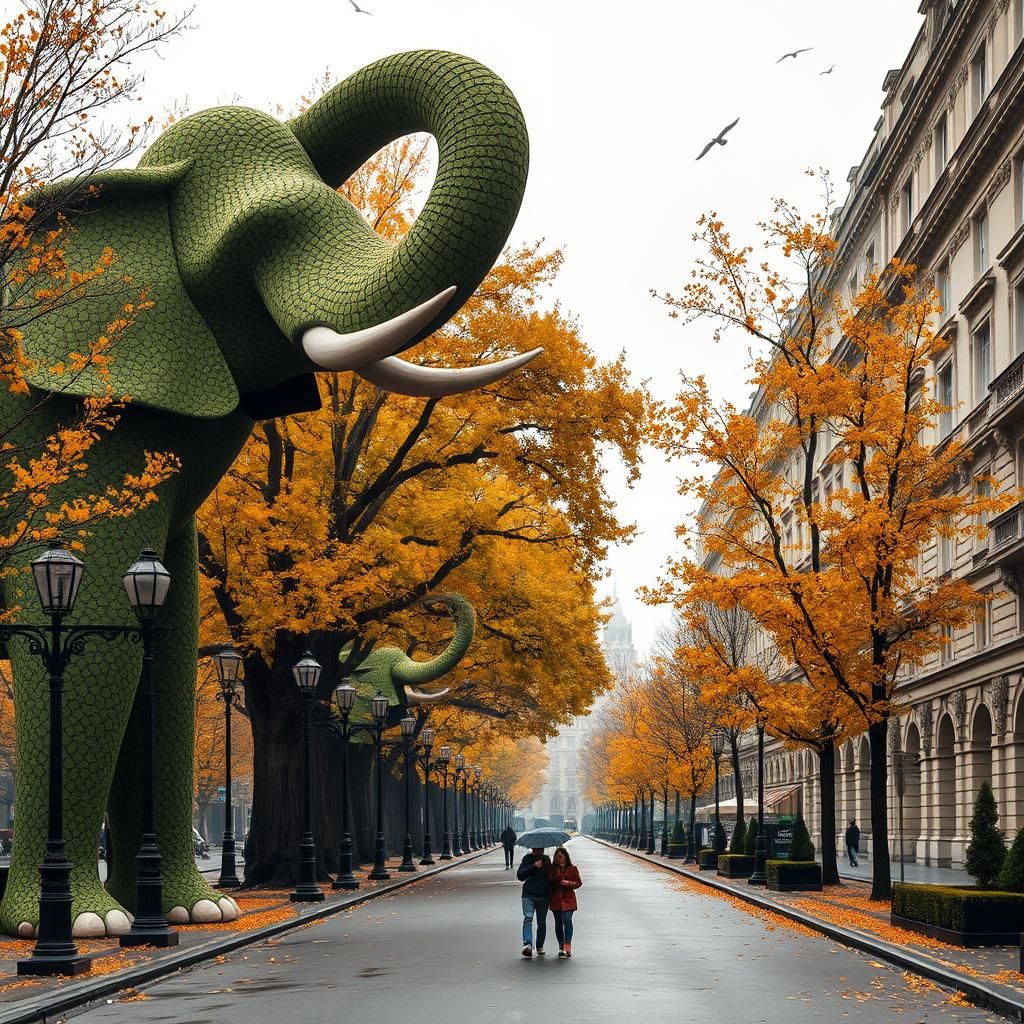 Picturesque European Avenue with Elephant Creatures