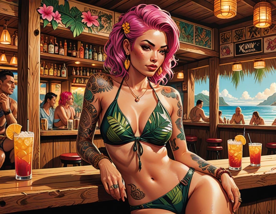Tattooed Beauty in Tiki Bar, Comic Book Style