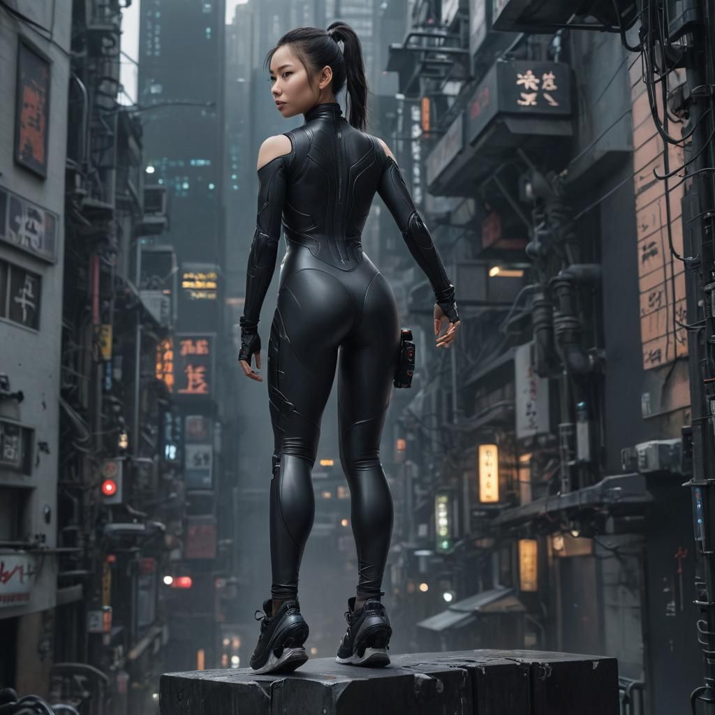 Hyperrealistic Cyberpunk Girl in Cityscape
