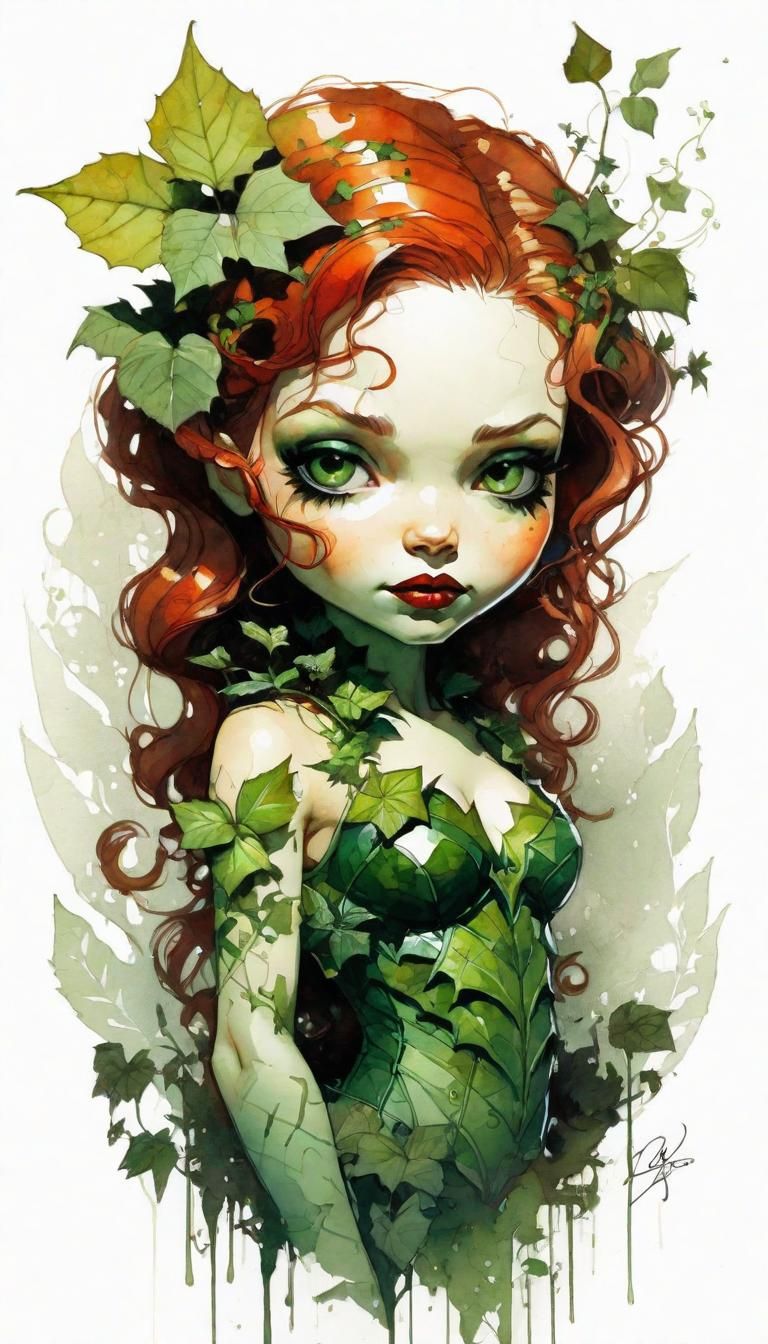 Detailed Chibi Poison Ivy Watercolor Painting
