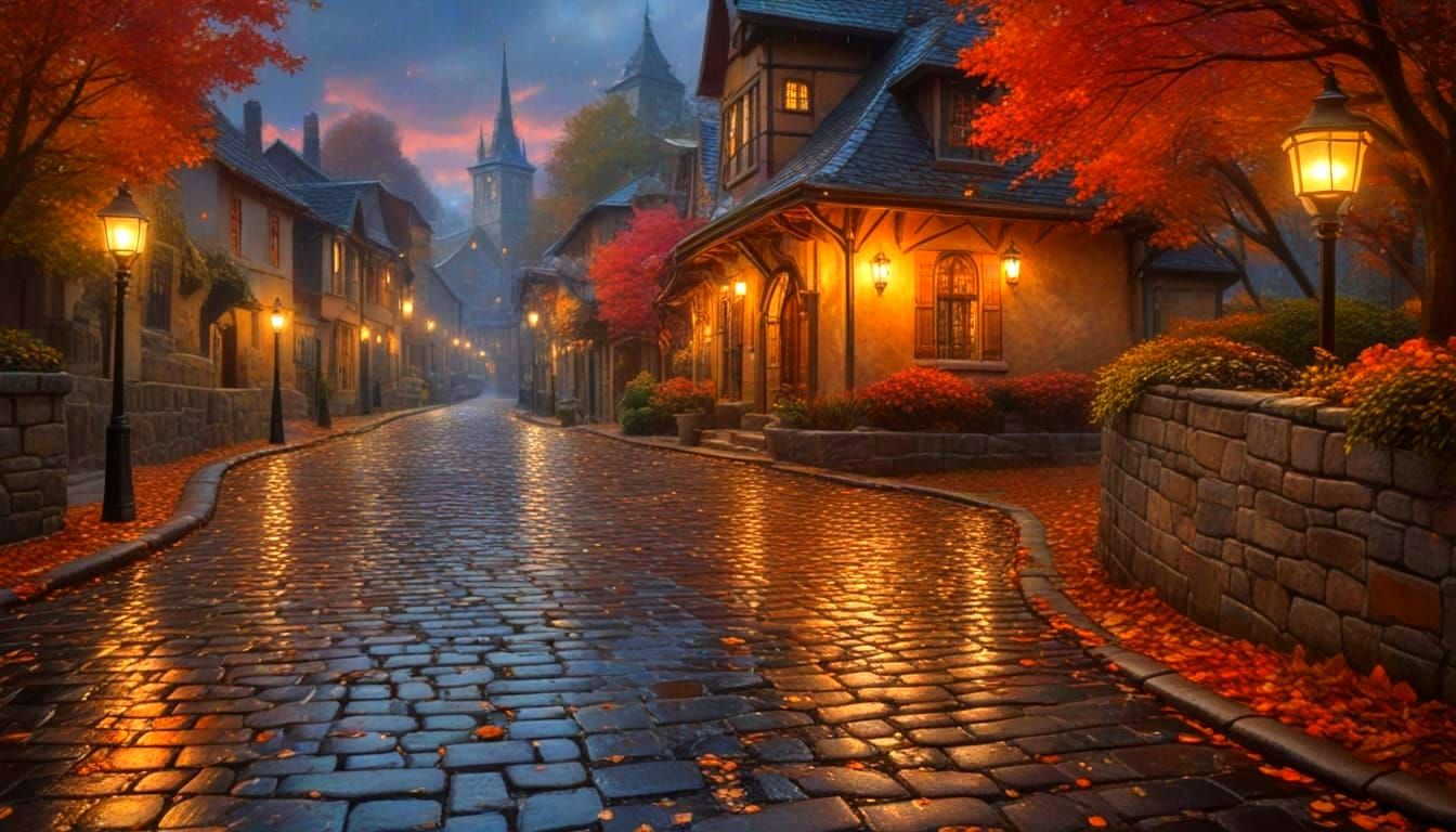 Autumn Mountain Village in Thomas Kinkade Style