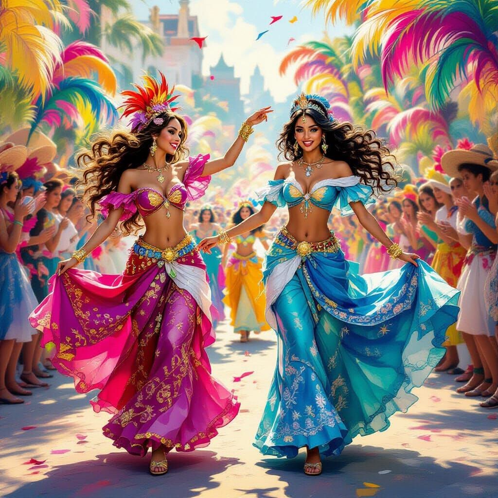 Ariel and Jasmine at Brazilian Carnival, Fantasy Oil Paintin...