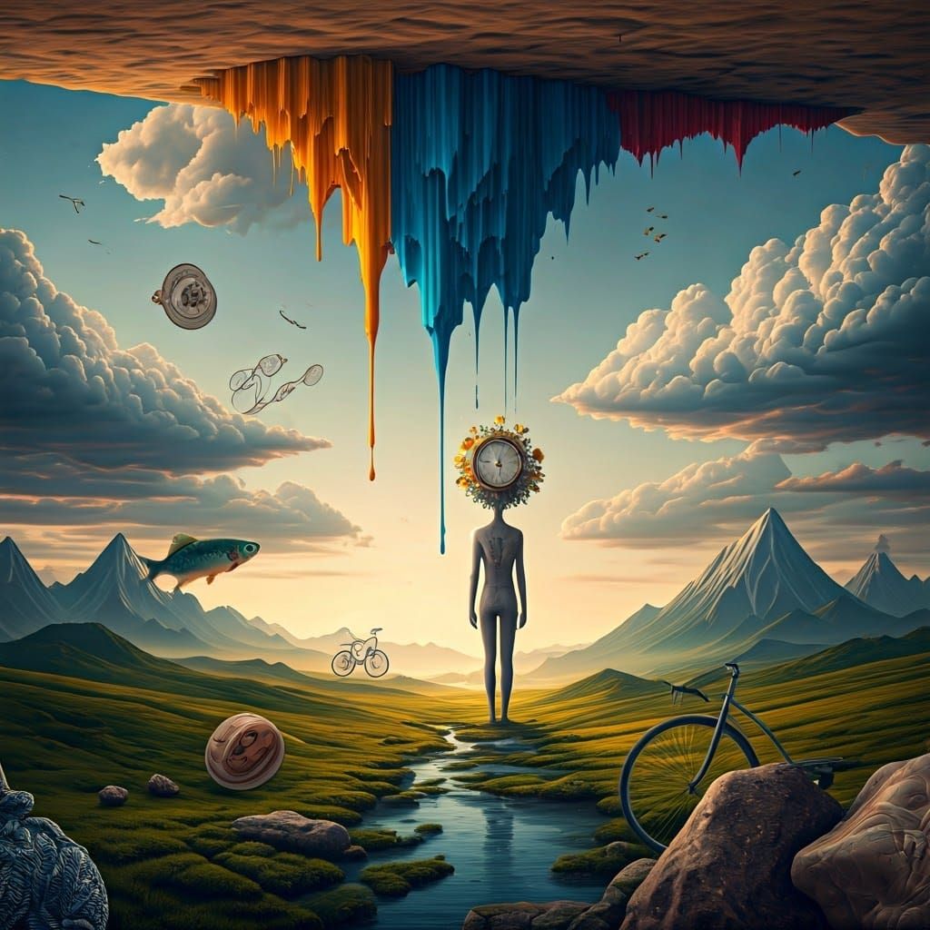Surreal Dreamscape with Upside-Down Mountains and Melting Cl...