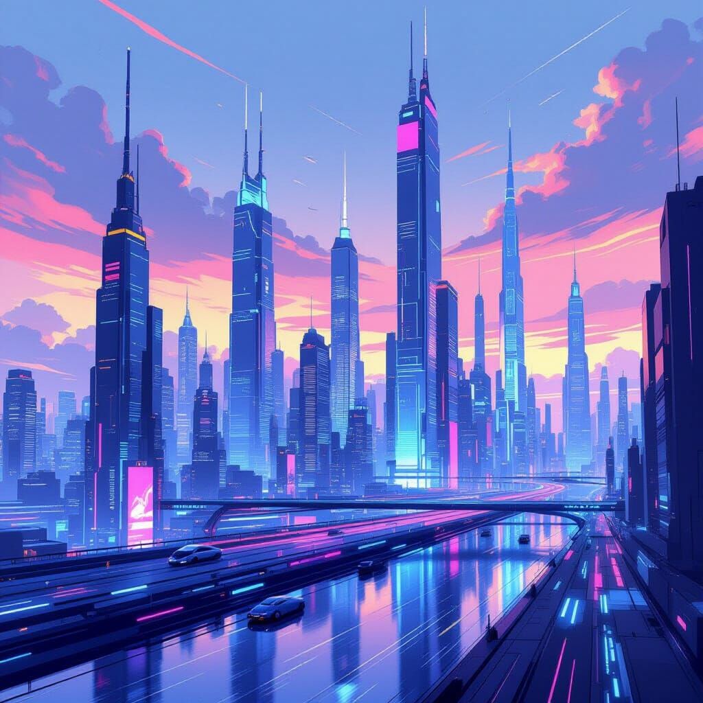 Futuristic Cityscape in a Dynamic Digital Style