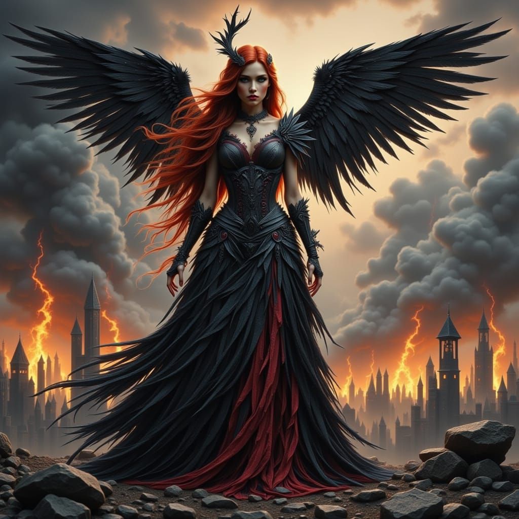 Fae Queen with Crow Wings on Ravaged Battlefield