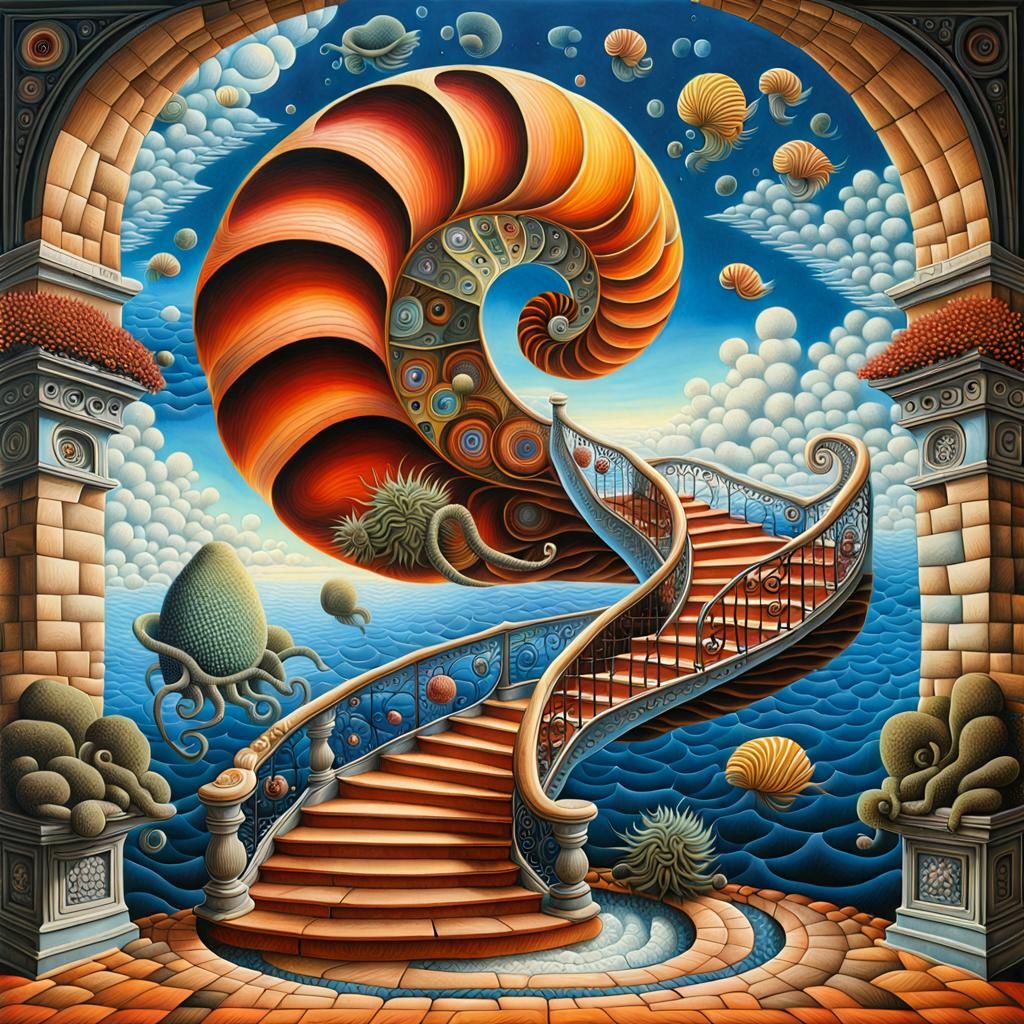 Exotic Fractal Nautilus Stairway in Surreal Style