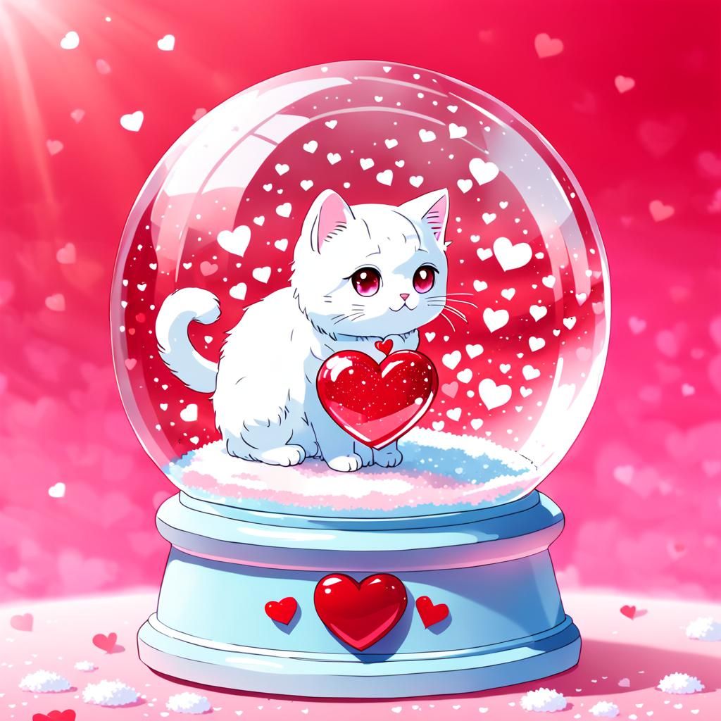 Heart Snow Globe with Cat in Anime Style