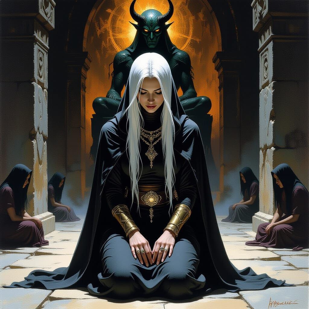 Drow Priestess in Dark Temple, Frazetta Style