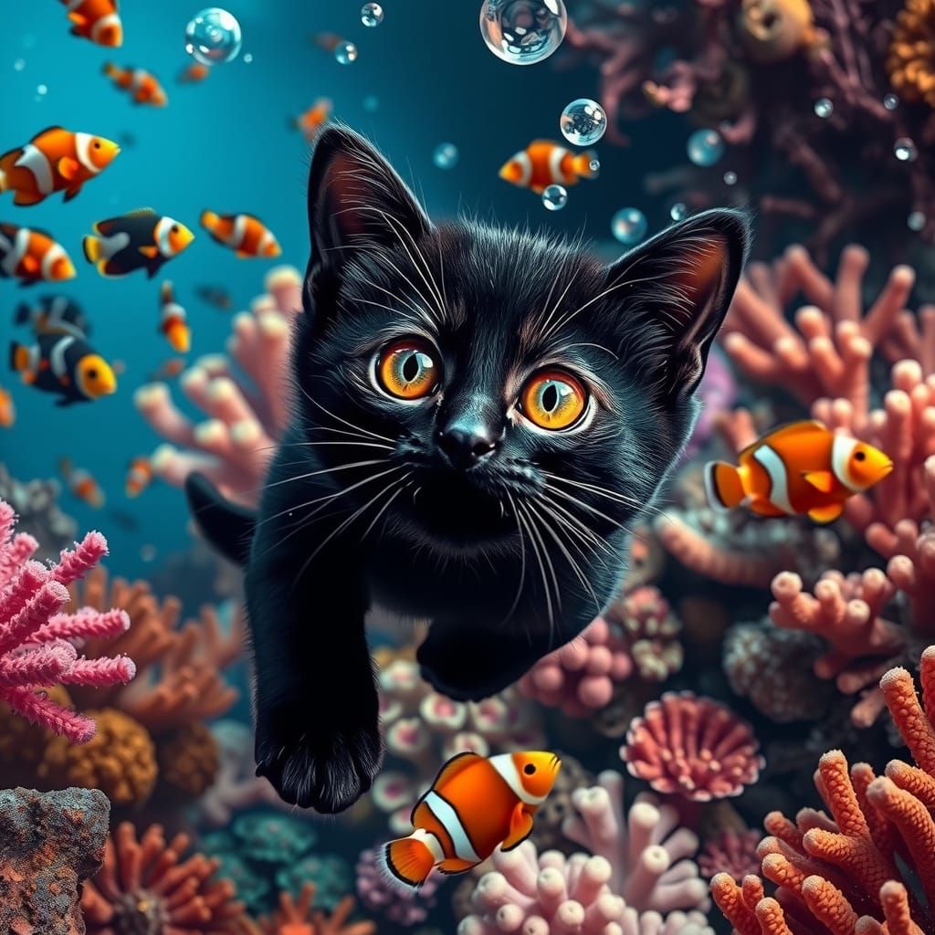 Kitten's Underwater Adventure: Hyperrealistic Coral Reef Sce...