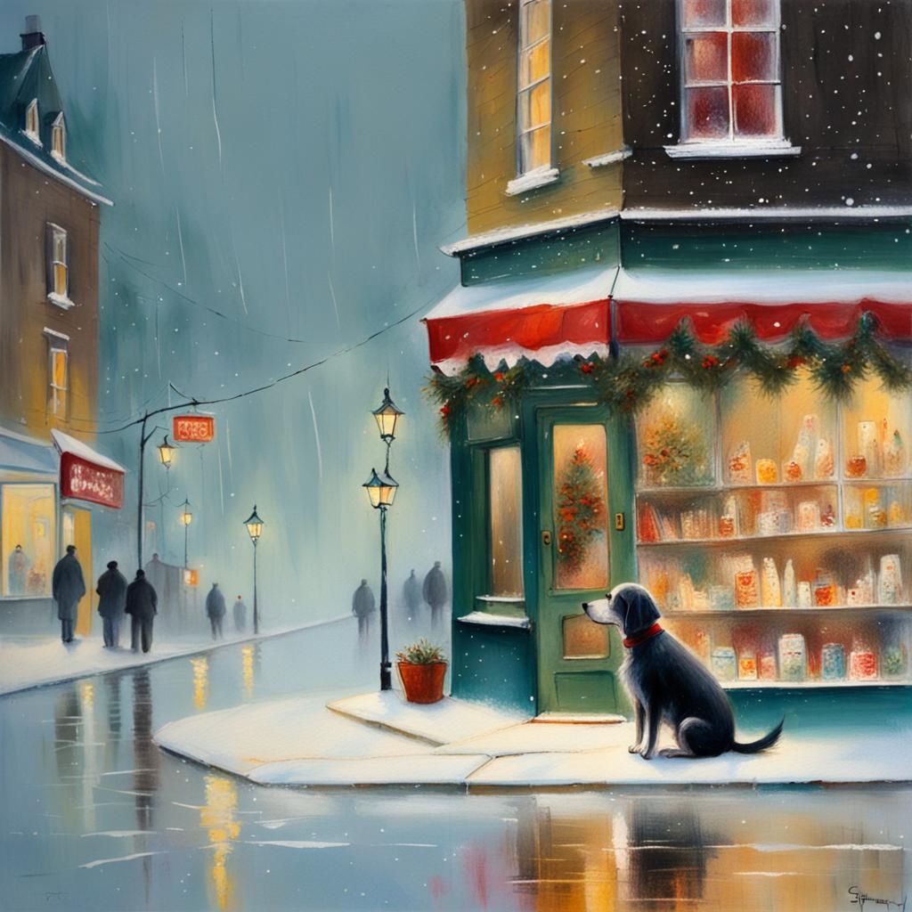 Sad Dog Begging Outside Christmas Shop in Snow