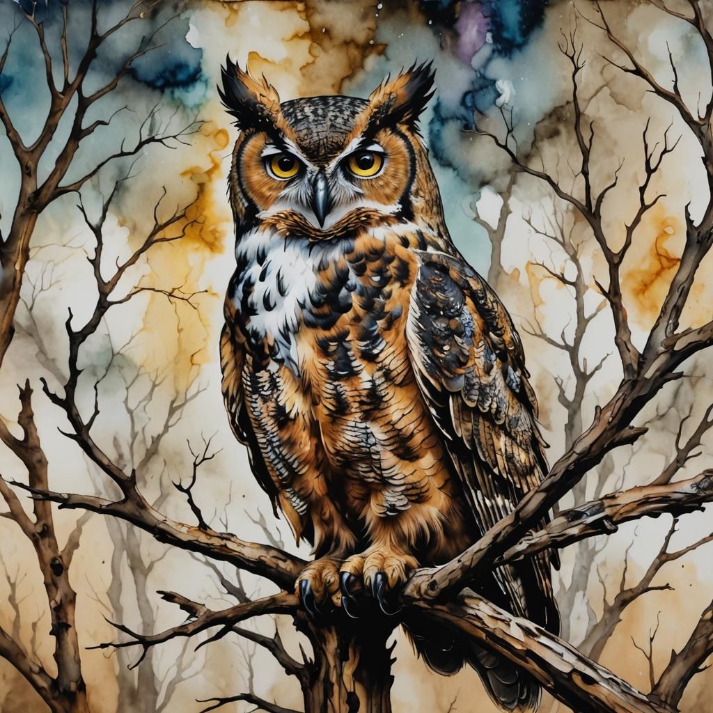 Great Horned Owl in Alcohol Ink Style