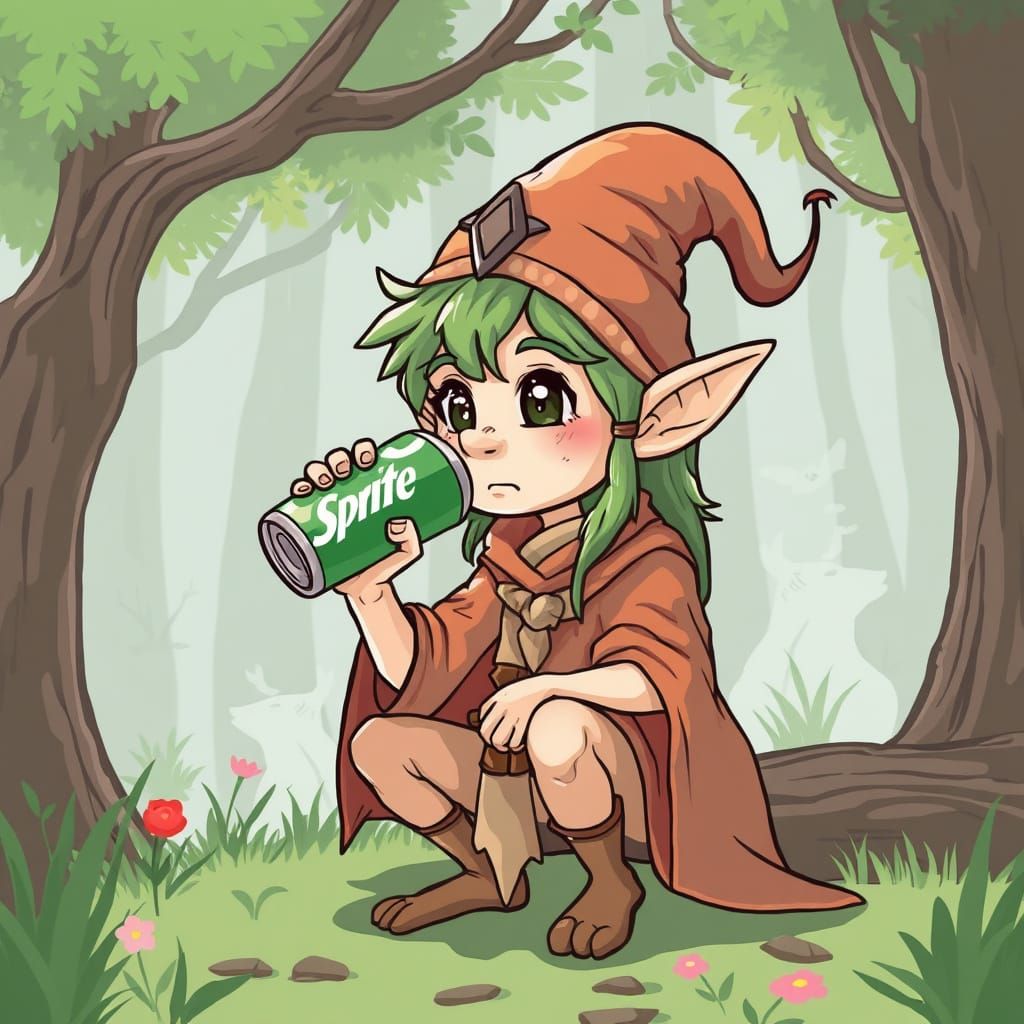 Mystical Elf Cartoon Enjoying Sprite Soda