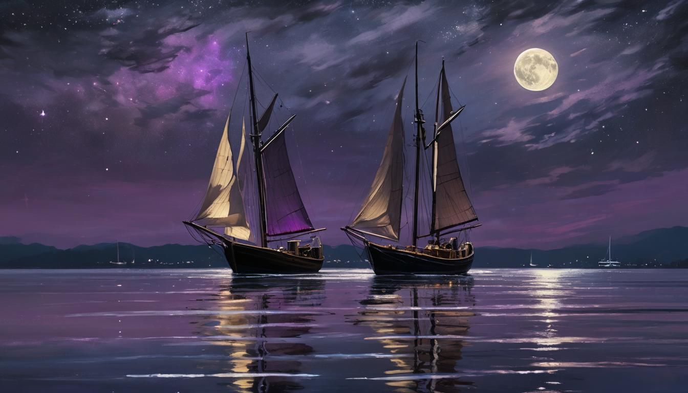 Sailboat Silhouette Under a Neon Moon