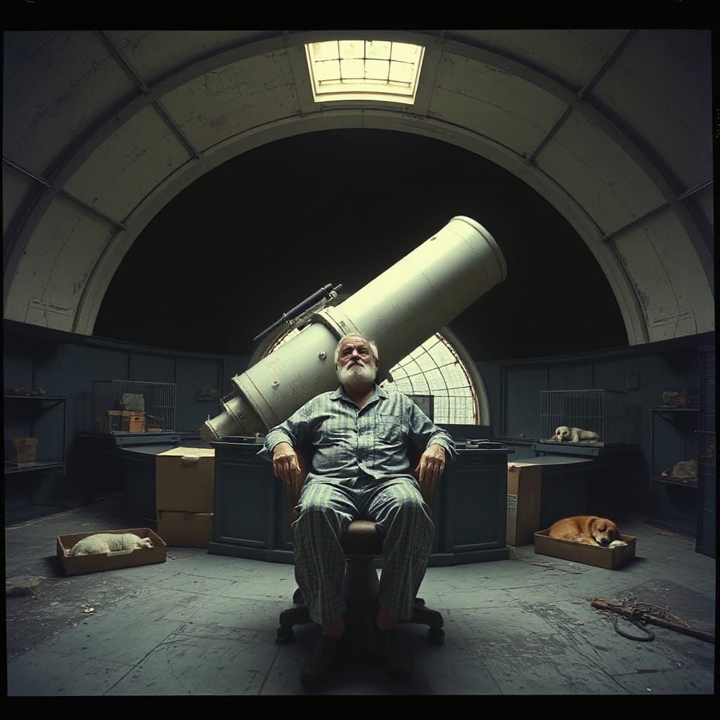 Old Man Observes Night Sky in Dusty Observatory