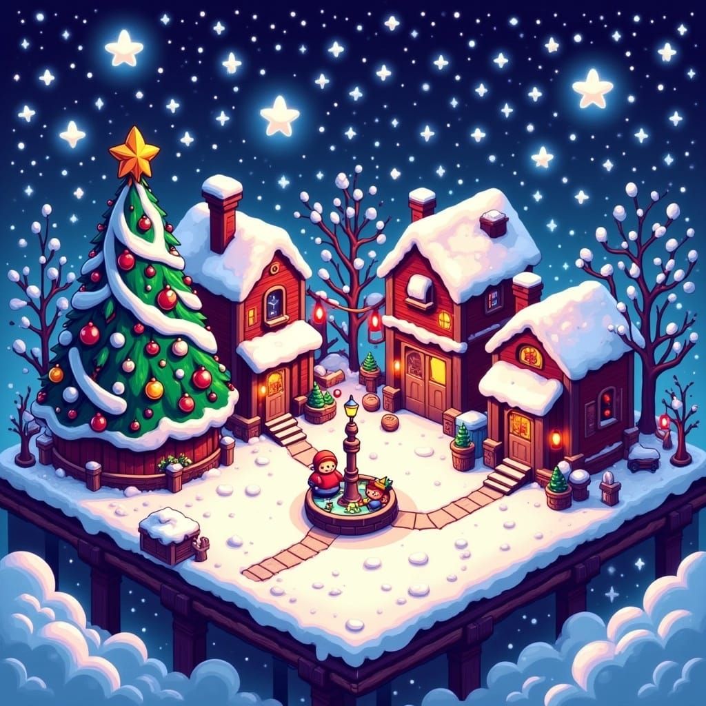 Festive Pixel Art Christmas Scene in Isometric View