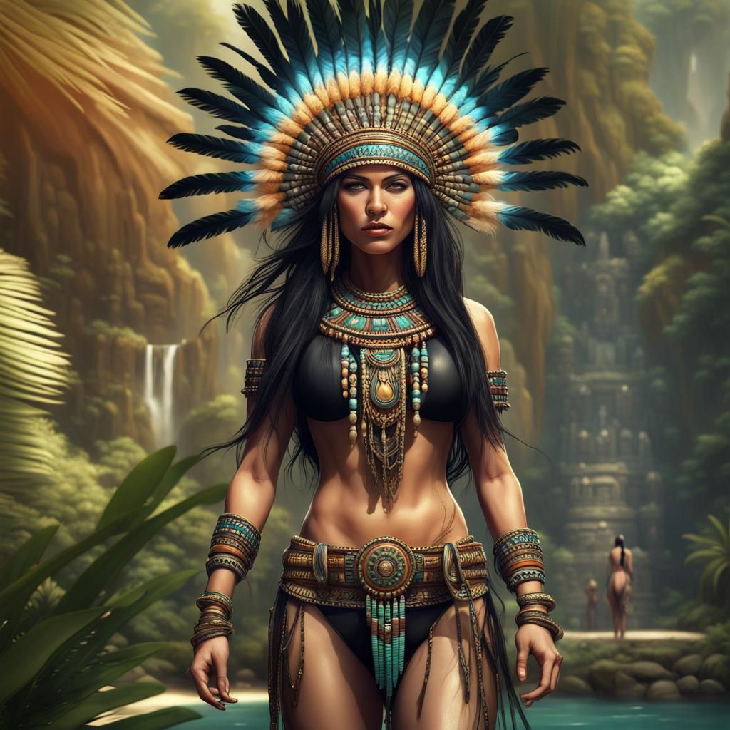 Exotic Aztec Woman in Tropical Island Landscape