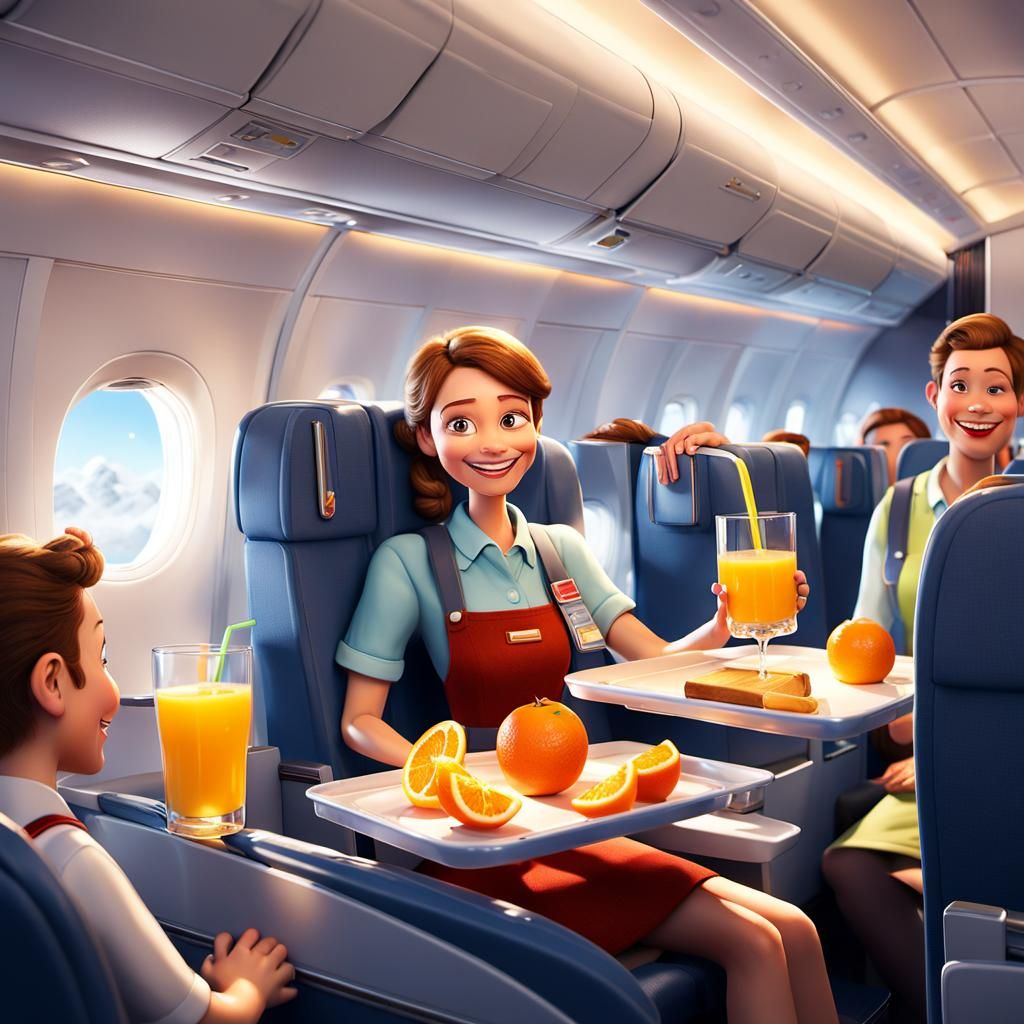 Friendly Steward Serves Drinks in Cozy Airplane: 3D Art