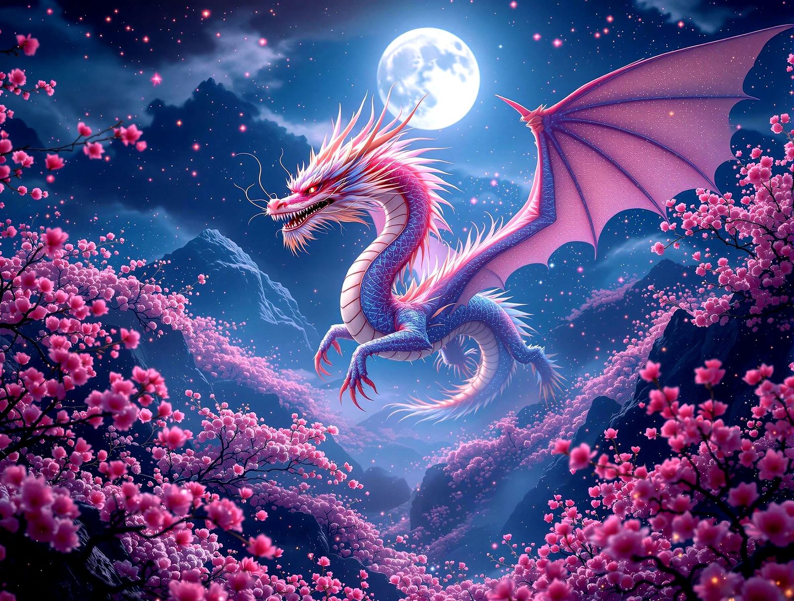 Surreal Cherry Blossom Dragon Soars in Hyperdetailed Fantasy...