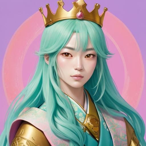 Crowned Frog on Log in Japanese Anime Style