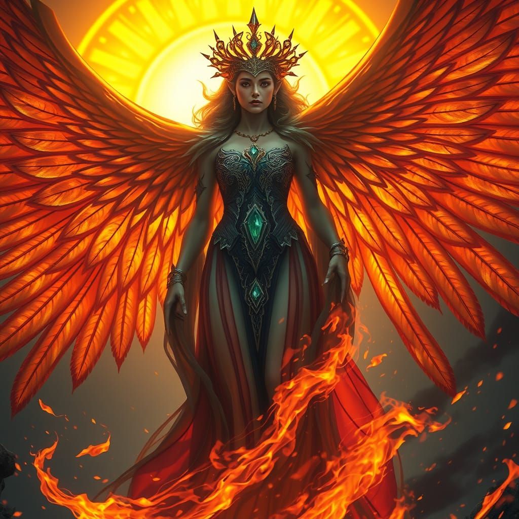 Enchanting Empress With Glowing Phoenix Wings At Sunrise