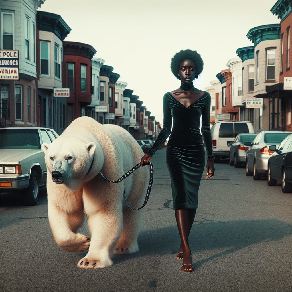 Woman Walks Polar Bear in Philadelphia: Cinematic Style