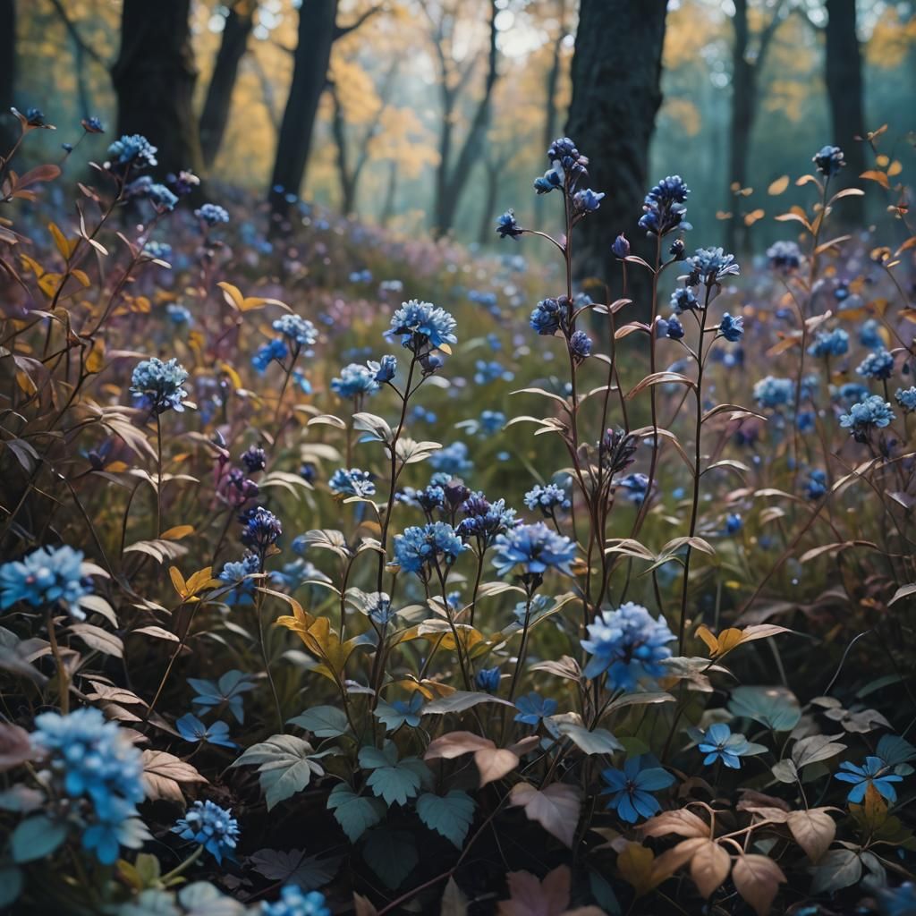 Blue Autumn Flowers in Lush Landscape, Cinematic Still