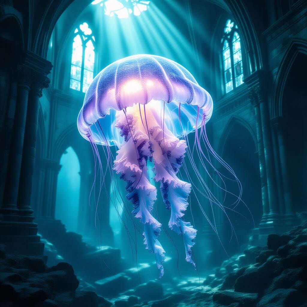Bioluminescent Jellyfish Dances Through Sunken Cathedral