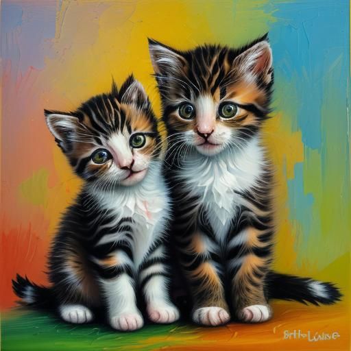 Mother Cat Nursing Kittens: Impasto Oil Painting