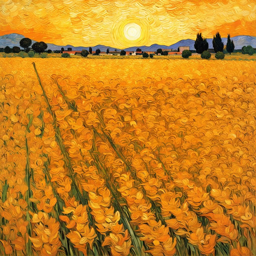 Wheatfield Sunset in Post-Impressionist Style