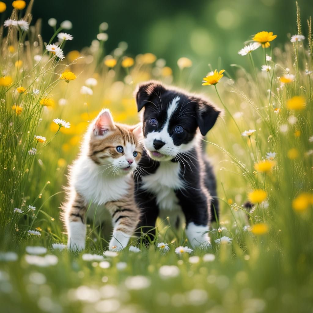 Kitten and Puppy Play in Sunny Meadow